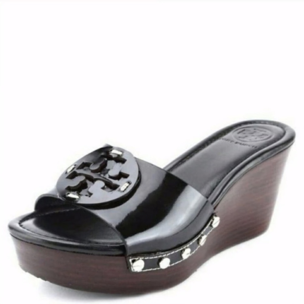 Tory Burch Black Wedge Sandals with Logo Medallion